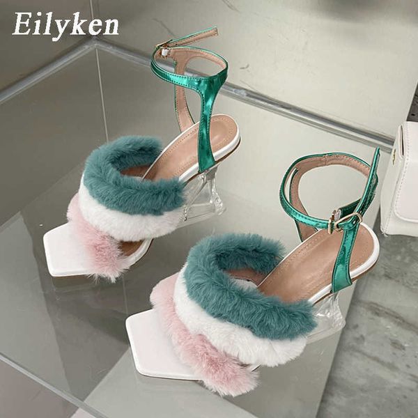 

feather transparent strange high heels for women fashion clear pvc square toe fur sandals heels ladies mules shoes 230306, Black