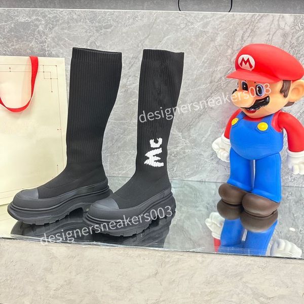 

men fashion leisure women heels autumn and winter knitted elastic boots socks and knee boots fashion stockings shoes long boots, Black