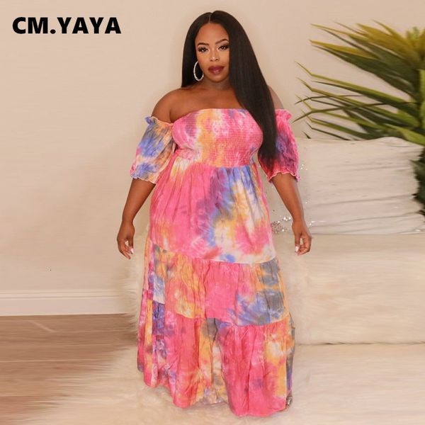 

plus size dresses cm yaya women size dress tie dye off shoulder short sleeve fit and flare long maxi office lady vestidos summer 230328, Black