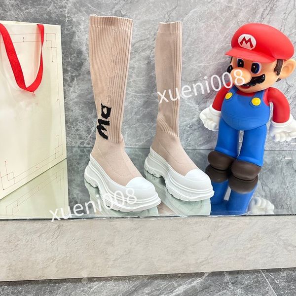 

new women autumn socks flat long boots fashion knitted elastic boot designer alphabetic lady letter thick platform women shoes large, Red;white
