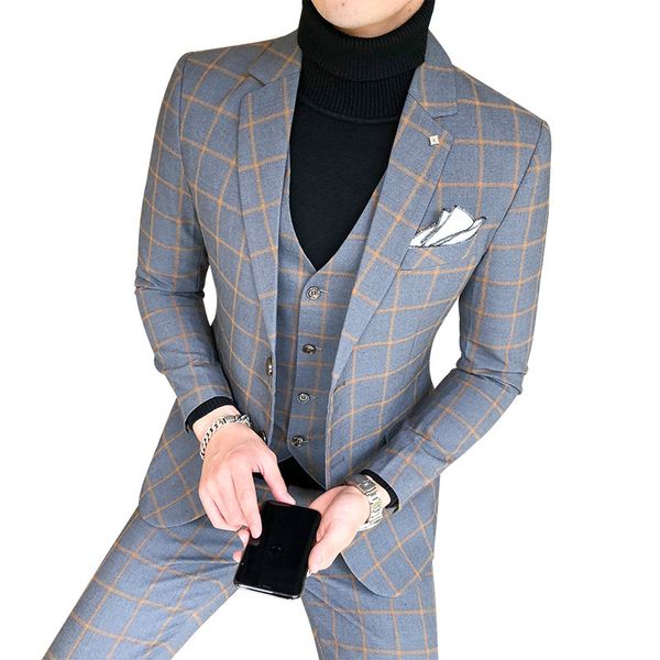 

men's suits blazers blazer and vest and pants / boutique fashion plaid men's casual business suit 3pcs set groom wedding dress per, White;black