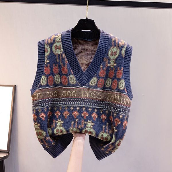 

women's vests cartoon vintage knitted sleeveless sweater vest spring autumn fashion women clothing loose v-neck korean casual pullovers, Black;white