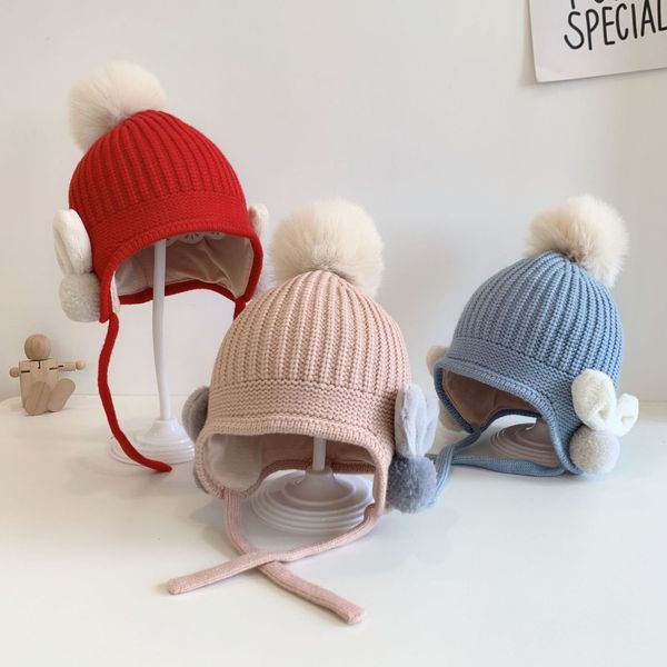 

caps hats autumn and winter children's woolen hat cartoon super cute baby knitted boys and girls wool ball warm ear protection hat 2303, Yellow