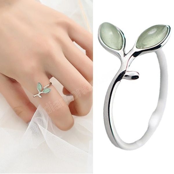 

trendy cat eye stone green leaf open rings for women jewelry fine index finger accessories, Silver