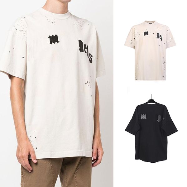 

2023 t shirt mens designer shirts male t shirts summer tees short sleeve pure cotton distress with hole letter print shirts camiseta, White;black