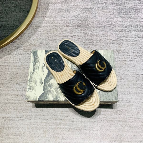 

designer sandals women outdoor shoes leather espadrilles sandal luxury slipper flat platform slides with the double g metal beach weave shoe, Black