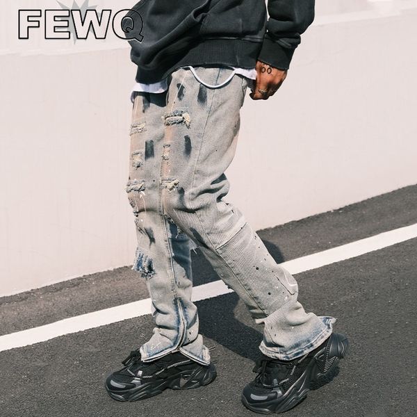 

mens jeans fewq hihg street ripped male american splash ink pants denim trousers straight spring 24b1541 230327, Blue