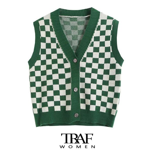 

women's vests traf women fashion green plaid knitted vest sweater vintage sleeveless button-up female waistcoat chic 230328, Black;white