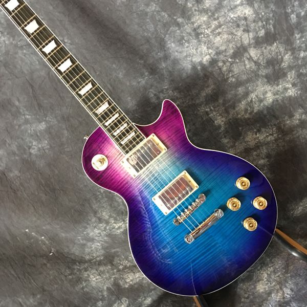 

flamed maple blue six string lp electric guitar, with fret bindi