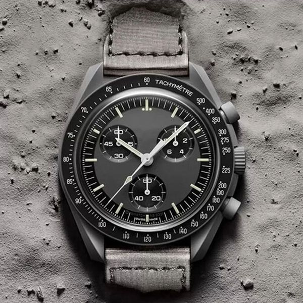 

mens watches bioceramic planet moon watch with box full function quarz chronograph movement watches waterproof luminous leather strap wristw, Slivery;brown