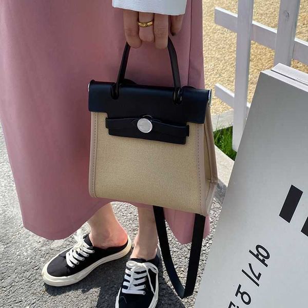 

h bag 2022 new canvas color contrast stitching lock buckle mini carry-on messenger small design bag feeling spzu