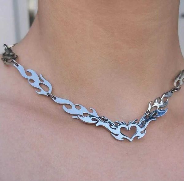 

pendant necklaces punk hollow love heart flame chains necklaces men's hip hop choker necklace for women club dancing new in fashion jew, Silver