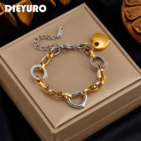 

charm bracelets dieyuro 316l stainless steel heart charm bracelet for women hip hop street trend girls wrist jewelry fashion party wedding g, Golden;silver