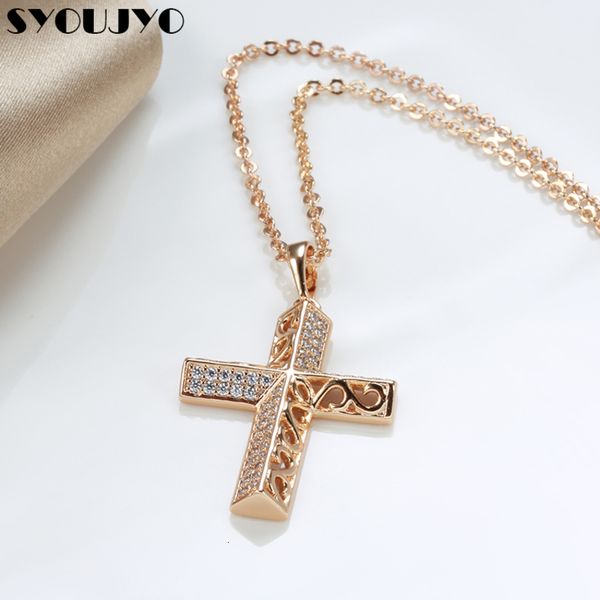 

charms syoujyo trendy luxury cross necklace 585 rose gold color crystal jesus cross pendant necklace for women couple fine jewelry gift, Bronze;silver