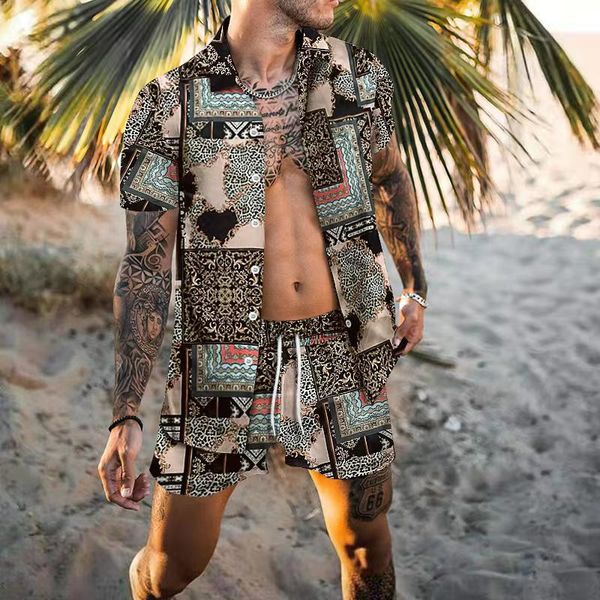 

men 2 piece set tracksuits summer shorts man printed shirt beach wear board hawaiian fashion clothing shorts two-piece set fashion hip hop s, Gray
