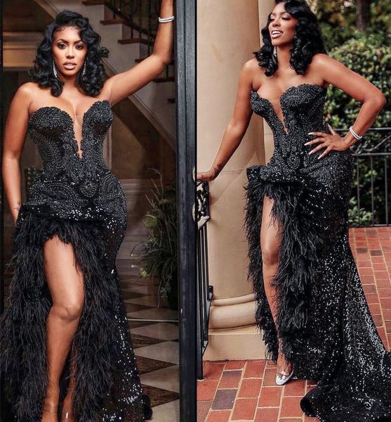 

2023 arabic aso ebi beaded crystals prom dress feather sequined lace evening formal party second reception birthday engagement gowns dresses, Black