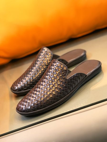 

genuine leather cover toe half slippers men plaid weave flats leather lazy mens loafers dress shoes big size 38-45, Black
