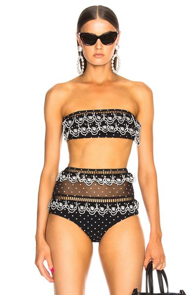 

atteaof new fashion split embroidery ruffled bikini swimsuit cute fresh swimwear, White;black