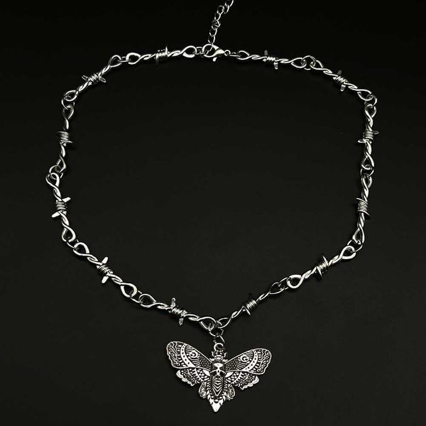 

pendant necklaces goth moth skull barbed wire cross pendant choker necklace punk hip hop jewelry y2k vampire little thorns chain choker gift, Silver