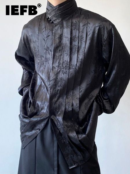 

men s casual shirts iefb chinese pleated stand collar jacquard satin trend shirt long sleeved fashionable 2023 autumn male solid color 2303, White;black