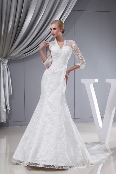 

ivory lace mermaid wedding dresses 2023 with 3/4 long sleeves v neck sweep train lace up garden bridal party gowns, White