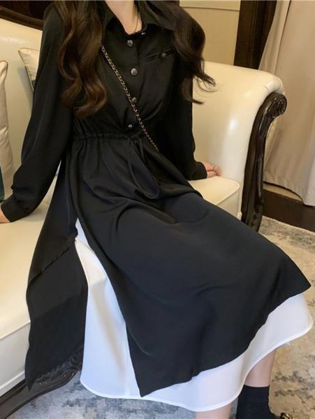 

casual dresses qweek korean style black shirt dress wome kpop casual school student midi dresses turn-down collar autumn fashion 230327, Black;gray