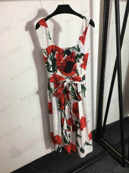 

women casual dresses designer spring summer fashion luxury loose fit sleeveless big red flower print lace up waist strap dress ladies clothe, Black;gray