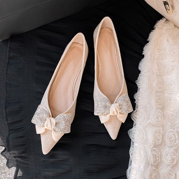 

dress shoes brand designer crystal big bow flats women pointy glitter knitting ballerina shoes silk bowtie wedding shoes big size 230327, Black