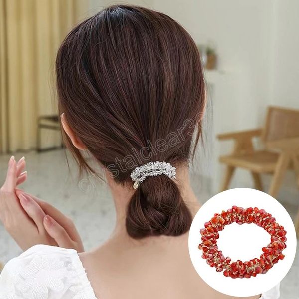 

colorful crystal stone hair rope handmade beaded scrunchie ponytail holders rubber band bracelet women girls hair accessories, Slivery;white