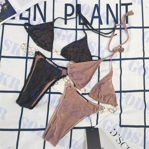 

womens lace bikini letter gold chain swimwear embroidery swimsuit two colors, White;black