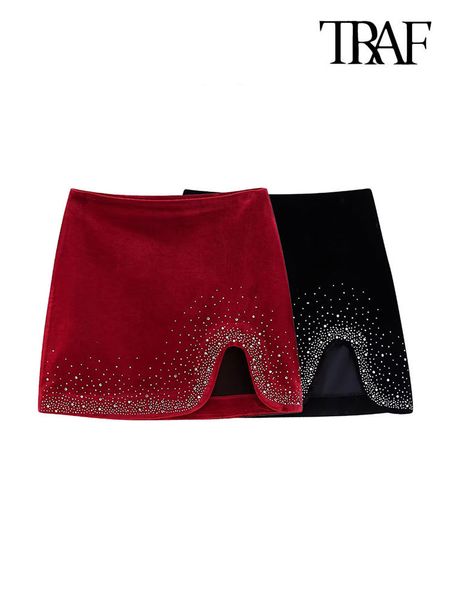 

skirts traf women fashion with velvet mini skirt vintage high waist side zipper female mujer 230327, Black