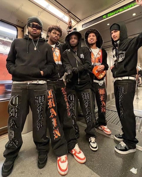 

mens jeans orange text trousers embroidery print decorative jeans punk pants streetwear mens y2k clothing 230327, Blue