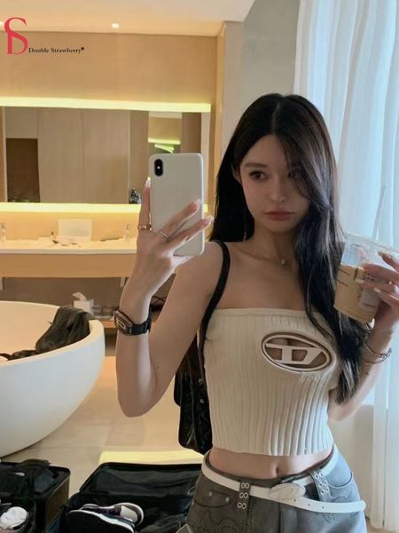 

camisoles tanks knitted bra crop womens d word metal hollowedout slim fit elastic thin tanks 230328, Black;white