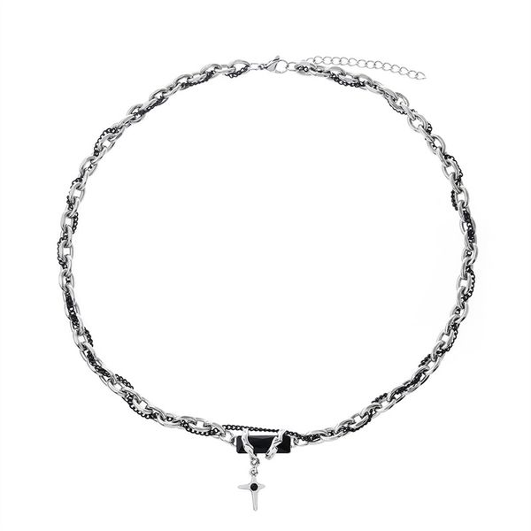 

double wrapped black zircon inlaid titanium steel pendant necklace niche commuter accessories men/women couple collar chain, Silver
