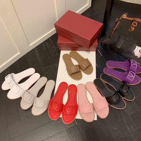 

designer women slippers letter buckle slides fashion leather sandals multicolor flat heel mule letter beach size 35-42 with original box lea, Black