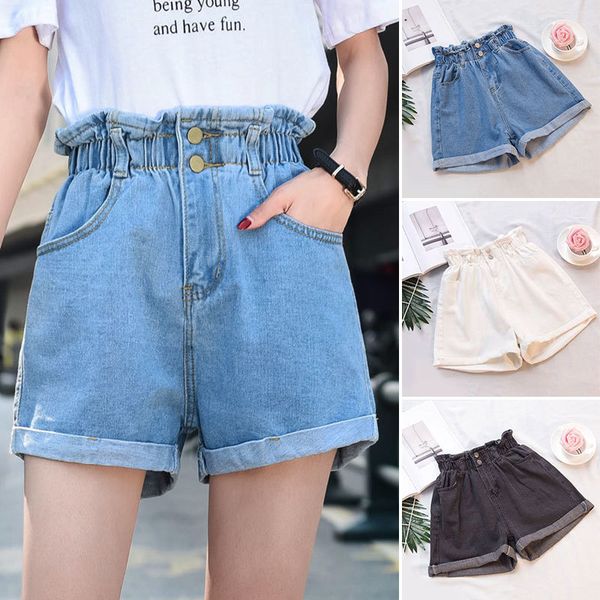 

women's shorts fashion summer women denim shorts ruffle quality high waisted elastic waist shorts jeans for women all match ladies bott, White;black