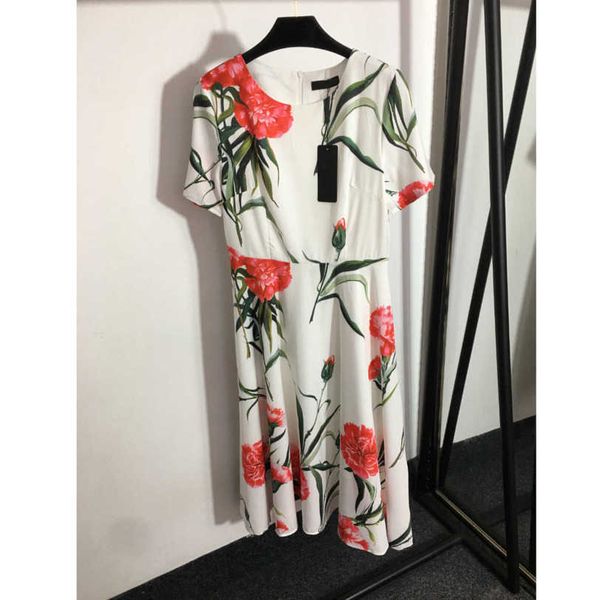 

23ss summer dress maxi dress one piece dress designer clothes women bright red flower print short sleeved dress waist dress women clothes a1, Black;gray