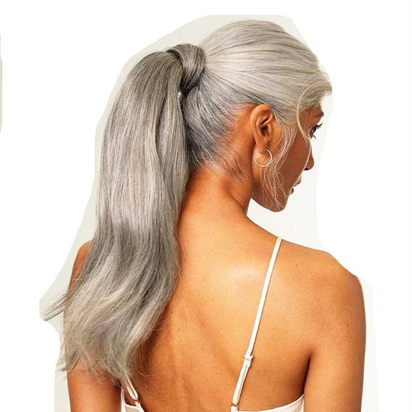 

salt and pepper silver grey human hair ponytail extension silky straight grey pony tail hairpiece dye natural highlights for sale 140g mediu, Black