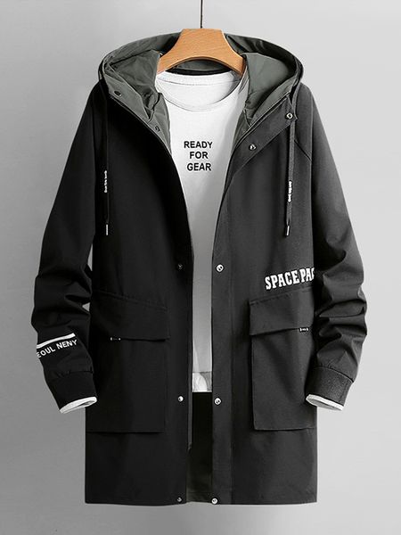 

men's trench coats mantel hujan panjang pria ukuran plus pakaian jalanan baru mode jaket anti angin hijau hitam cetak kasual bertudung, Tan;black