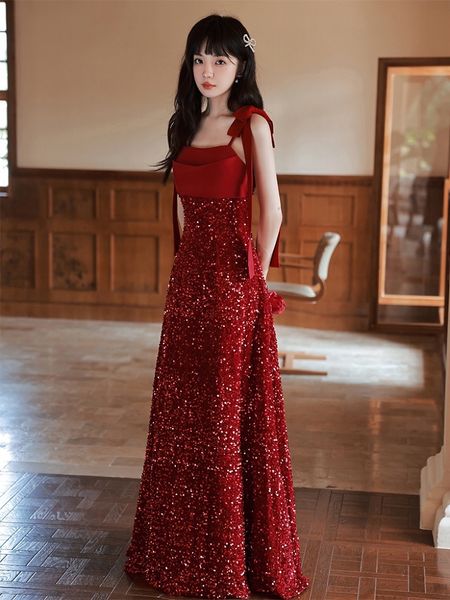 

burgundy bridesmaid dress spaghetti strap bow ribbon retro sleeveless sequins long celebrity toast slim evening party gowns, White;pink