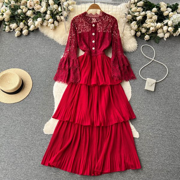 

design sense flare sleeve dress lace cut out patchwork cake dress women's summer waist slim mid length fairy dress, Black;gray
