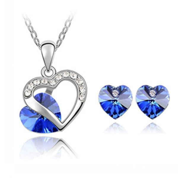 

12 sets/lot heart-shaped pendant necklace ear studs jewelry suit inlaid zircon rhinestone twinkle decorate adjeustable length women elegant, Silver