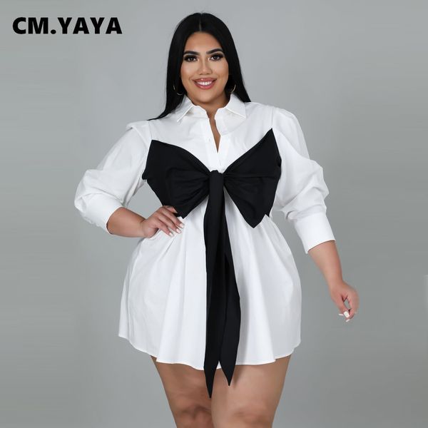 

plus size dresses cm yaya size women bow splicing single breasted turn down neck long sleeve shirt style mini dress for 230328, Black