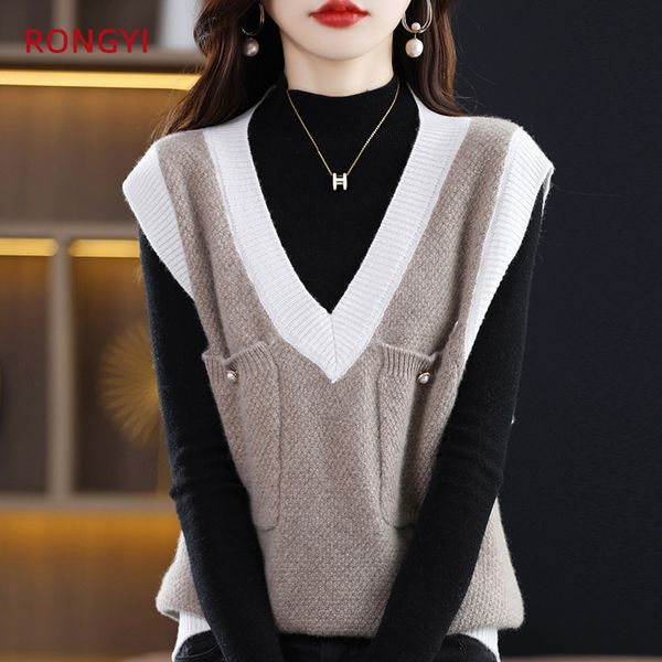 

women's vests rongyi 100% merino wool women's v-tie pocket t-shirt autumn-winter pullover cashmere warm vest js021 230328, Black;white