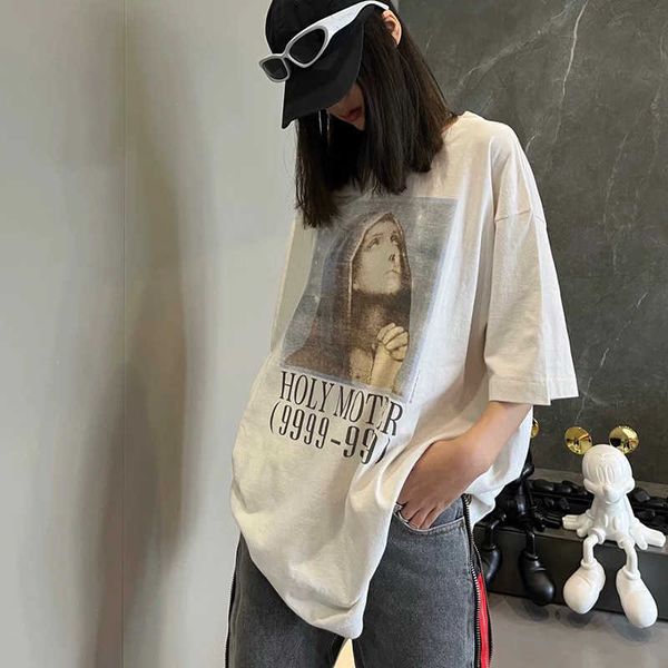 

designer fashion t shirt saint michael letter print virgin head wash old vintage short sleeve summer tee, White;black