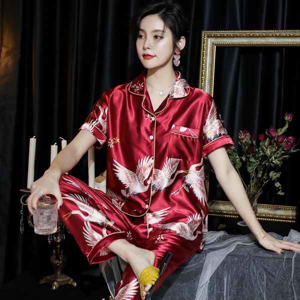 

women's sleepwear 2pcs pajamas sets womens short sleeve long pants sleepwear silk satin home wear nightgown oversize 5xl autumn sleepsh, Black;red