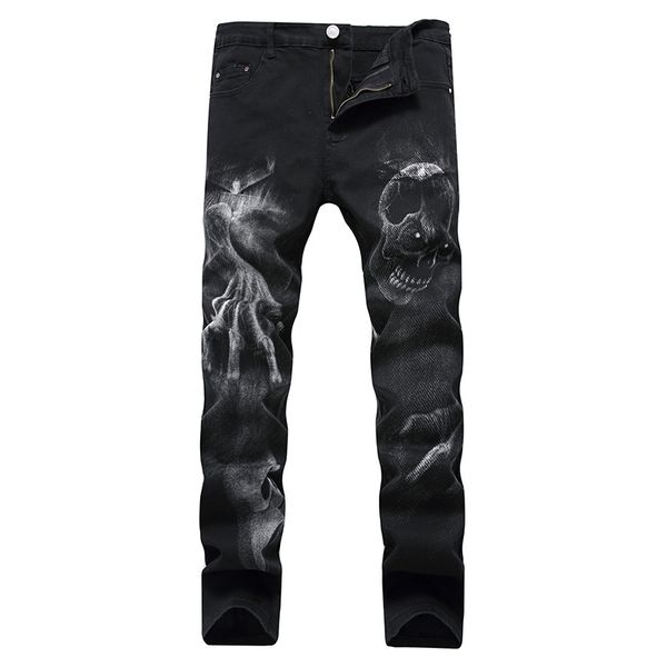 

mens jeans dark streetwear skull print punk men vintage slim trousers hip hop stretch cotton denim pants for teens pantalones 230327, Blue