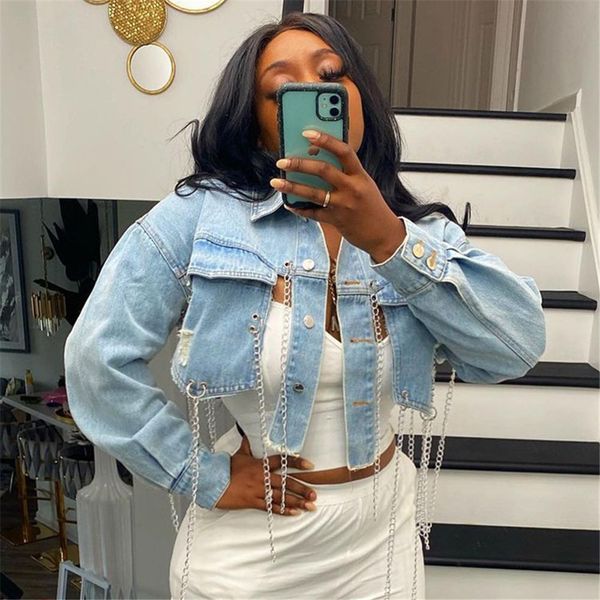 

2023 designer women ripped denim jackets fashion asymmetric short jeans jacket casual long sleeve backless chains cropped coat streetwear bu, Black;brown