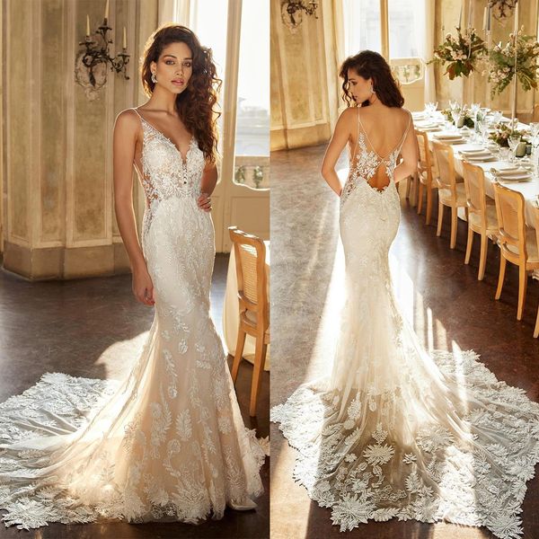 

bohemian mermaid wedding dresses beading appliques lace sweep train custom made spaghetti v neck backless boho bridal gowns, White