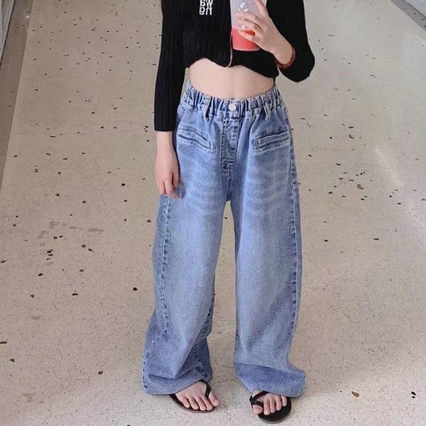 

16100 spring summer kids girls jeans elastic waist wide leg pants children girl denim pants trousers, Blue